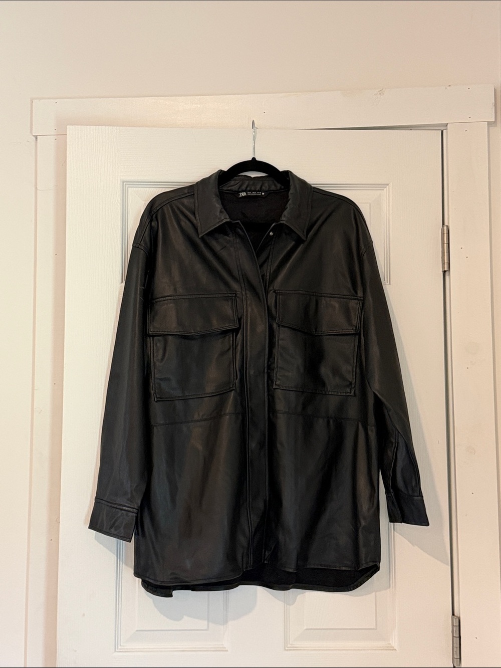 Black Faux Leather Shirt Jacket